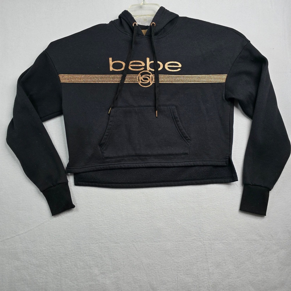 Bebe Sport Black Cropped Hoodie Rose Gold Logo Pocket Pullover Women's Size M